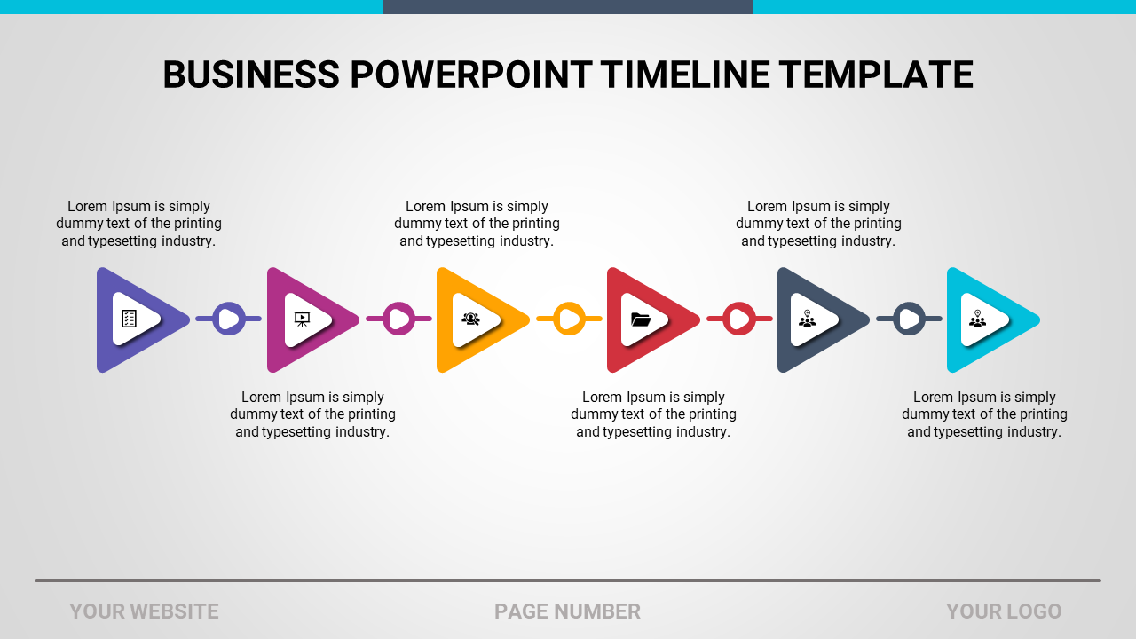 Horizontal timeline with bright yellow triangular nodes connected by dots, highlighting icons and text captions.