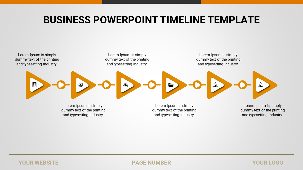 Business timeline template with six orange triangles, each containing an icon and descriptive text along a horizontal line.