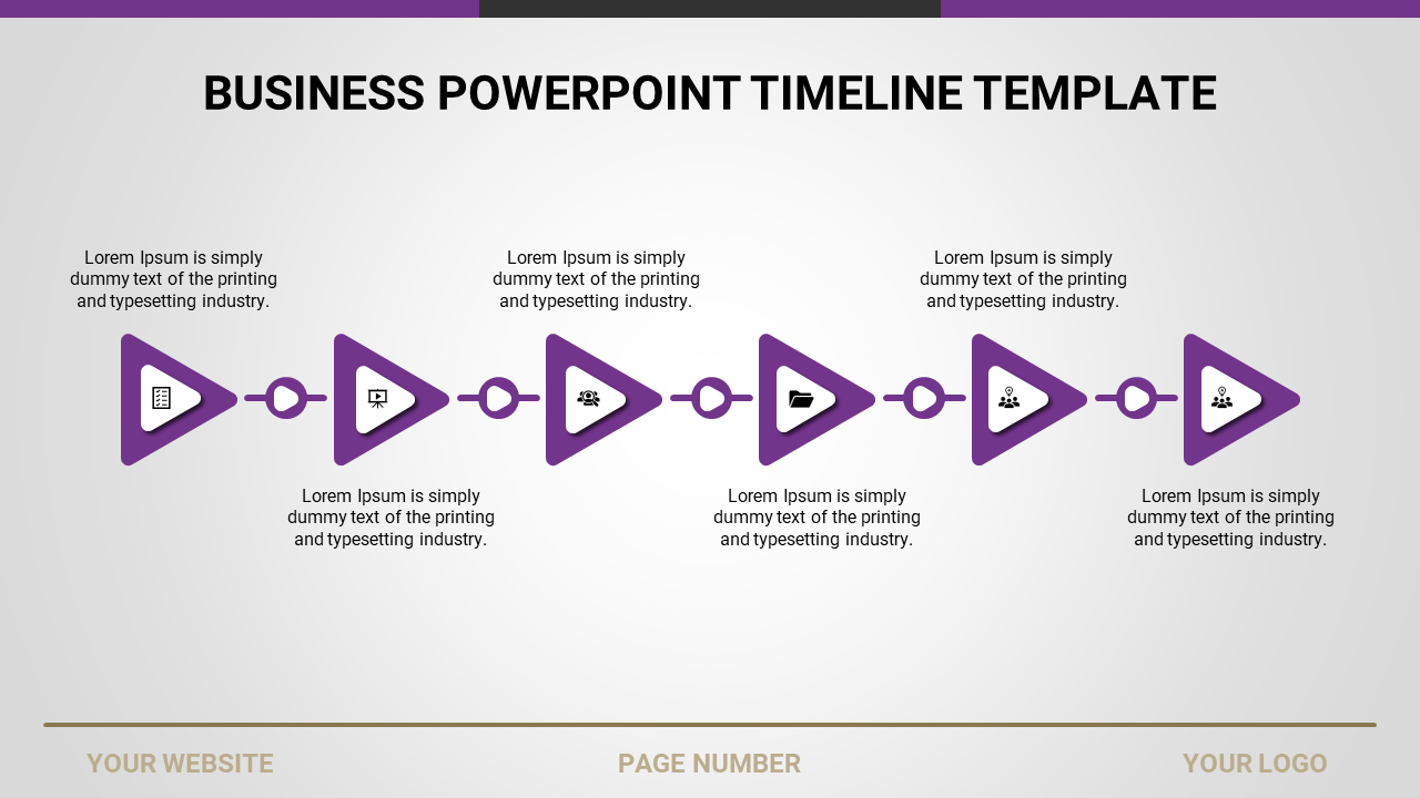 Business timeline PowerPoint template with purple arrows and icons with placeholder text.