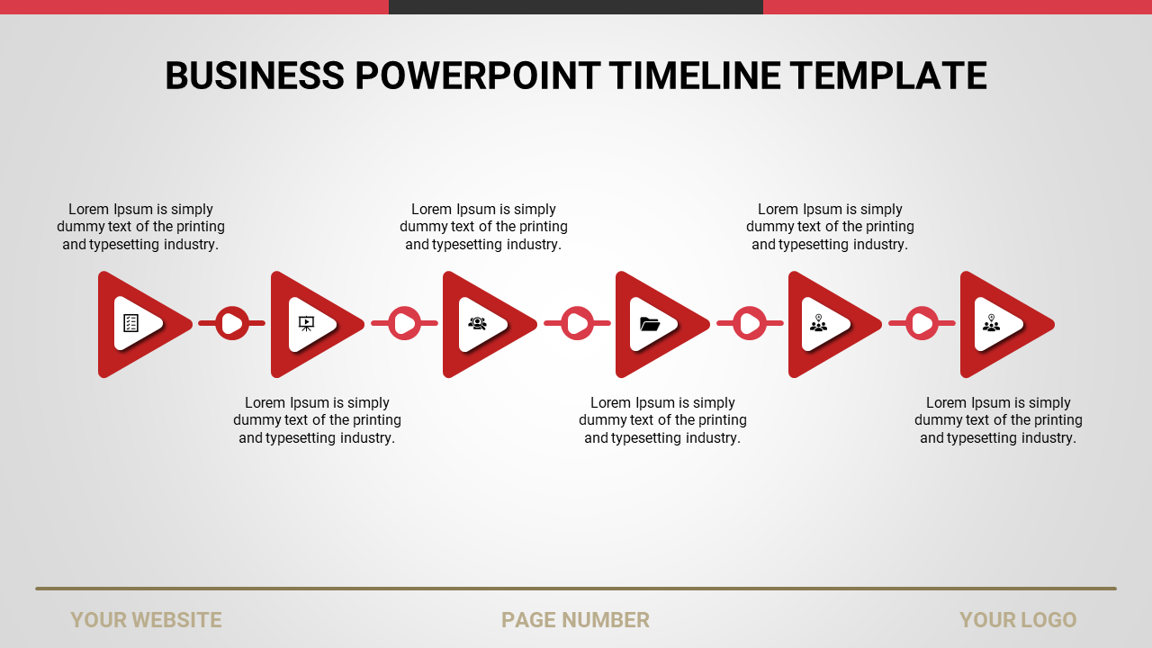 Timeline with six red triangles connected by lines, each containing text and an icon, on a gray background.