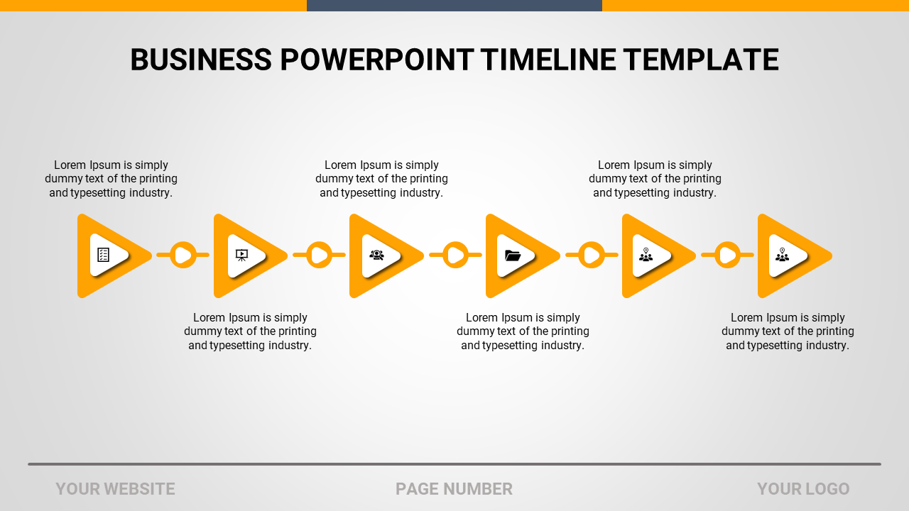 Multicolor timeline with triangular markers connected by circles, displaying icons and placeholder descriptions.