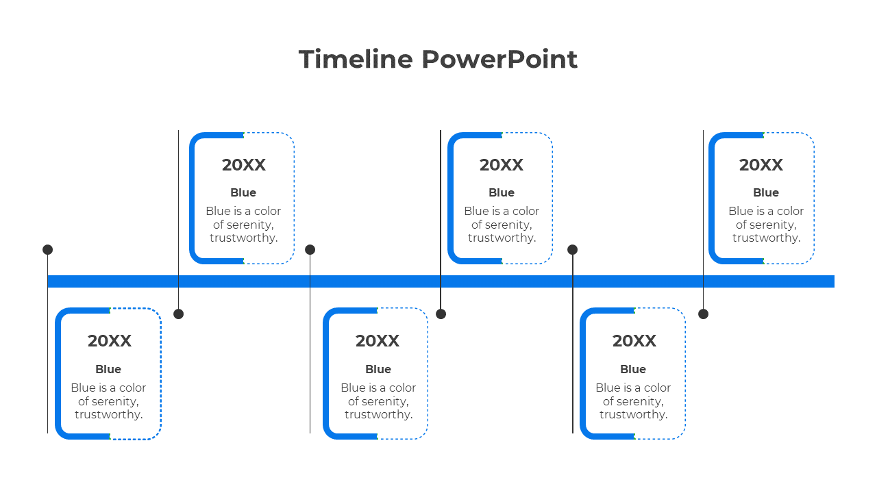 Horizontal blue timeline with six text boxes, evenly spaced above and below the line, connected by thin vertical lines.