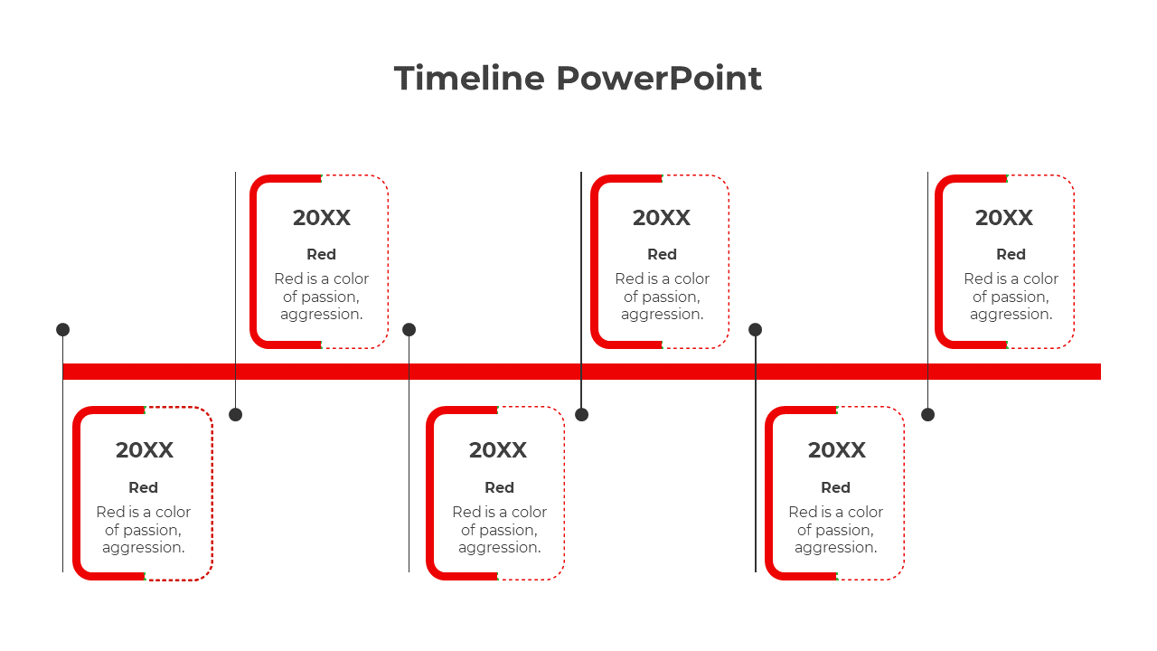 PowerPoint slide featuring a timeline with red boxes, each labeled 20XX, and a description of the red color.