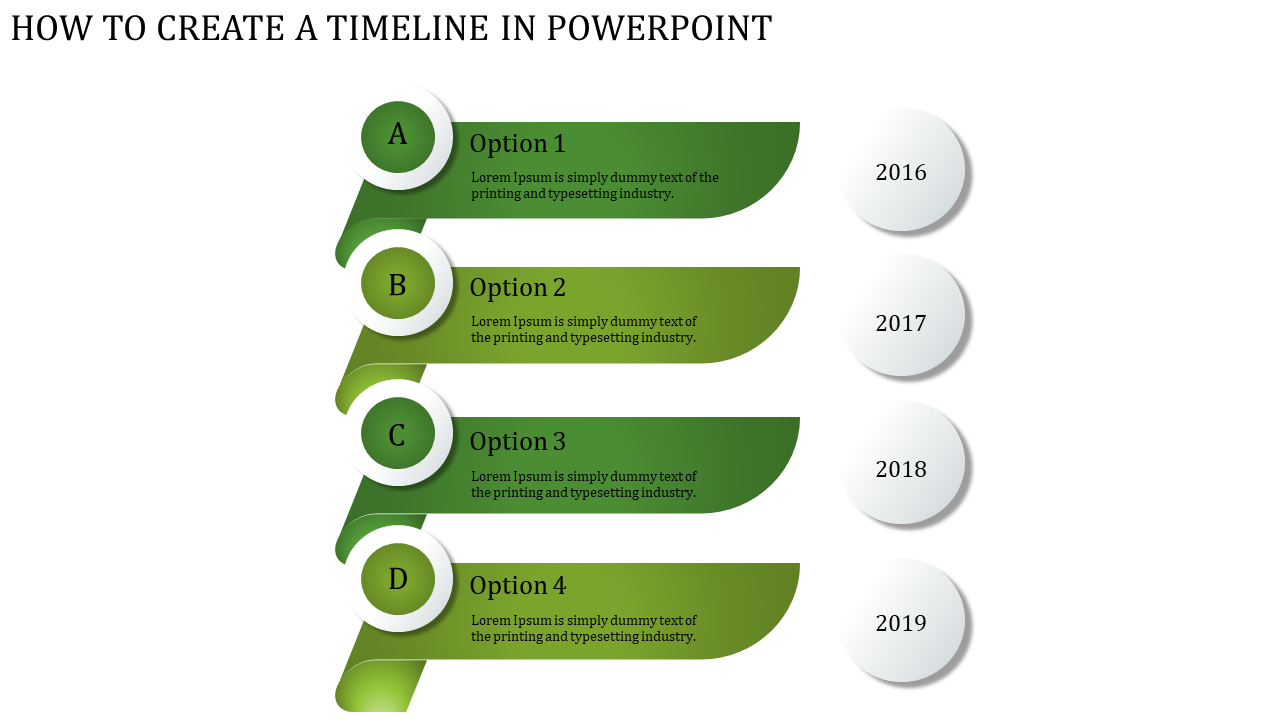 Timeline slide with four green gradient options labeled A to D, linked to right side circular year markers.