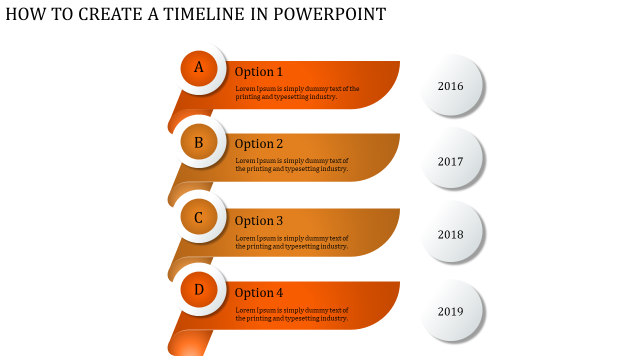 Modern four step timeline with orange gradient ribbons for options 1 to 4, connected to circular white year labels.