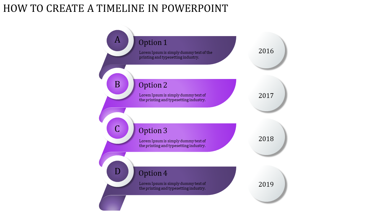 Vertical timeline with four purple gradient steps labeled A to D, connected to years 2016 to 2019 on the right.