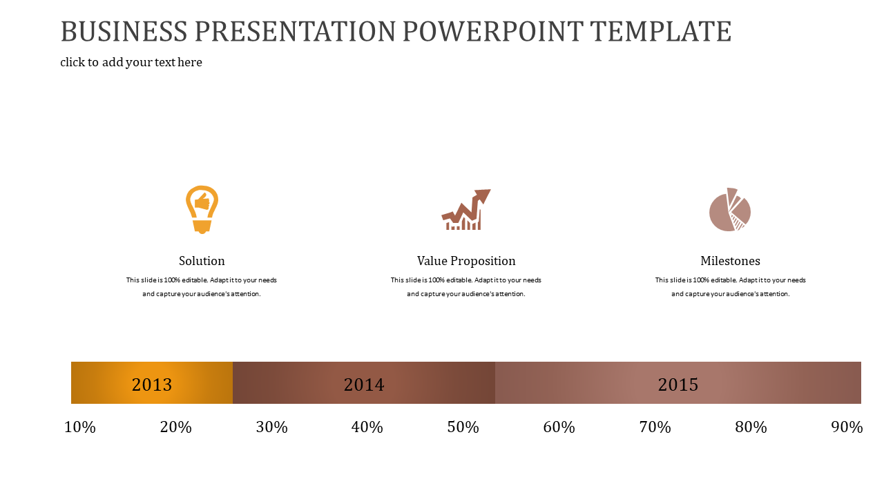 Business slide featuring a three step process with icons and a brown gradient timeline from 2013 to 2015 below.
