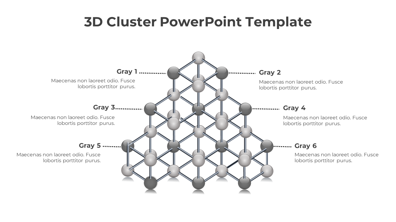 Abstract 3D molecular structure with gray spheres forming a pyramid, annotated with six labels and placeholder text.