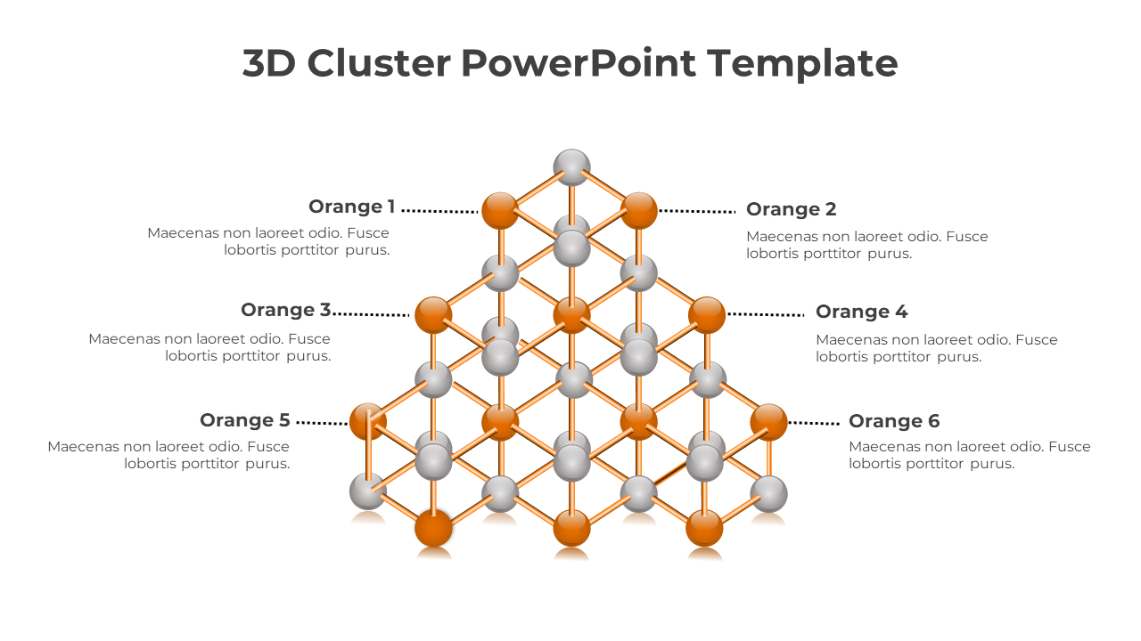 3D cluster diagram with orange and gray spheres connected in a pyramid shape, labeled with six highlighted points.