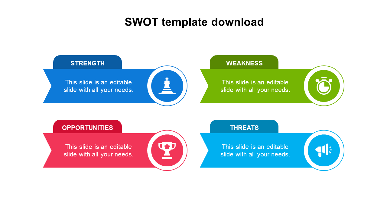 SWOT analysis PowerPoint template with colorful banners for Strength, Weakness, Opportunity, and Threats with icons.