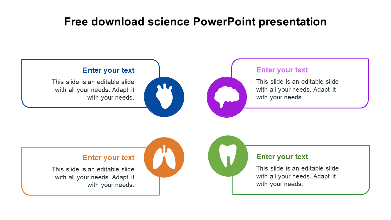 Science themed layout featuring four text boxes in blue, purple, orange, and green, with circular icons.