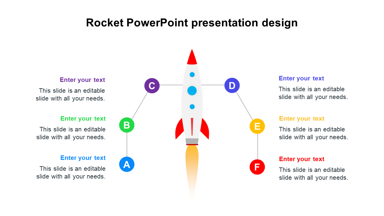 Illustration of a red rocket with surrounding six colorful circles labeled A to F, for text, arranged symmetrically.