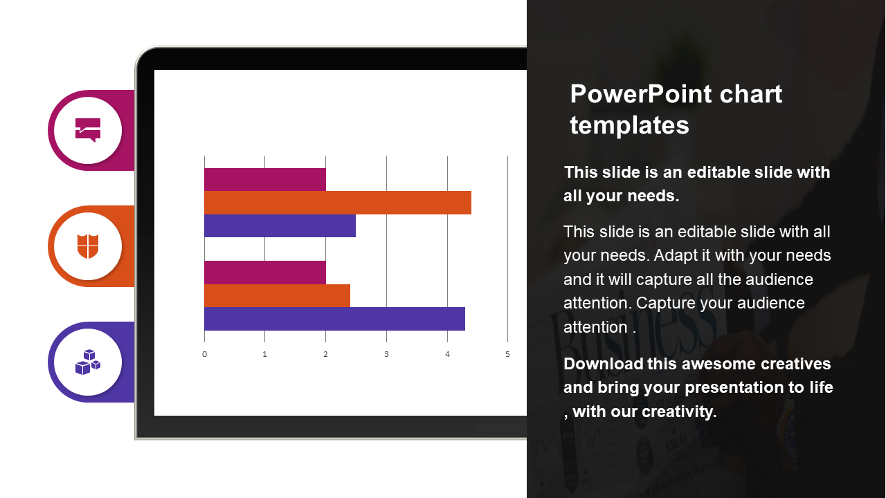 Tablet showing a horizontal bar chart with red, orange, and purple bars, with icons and text on a right dark panel.