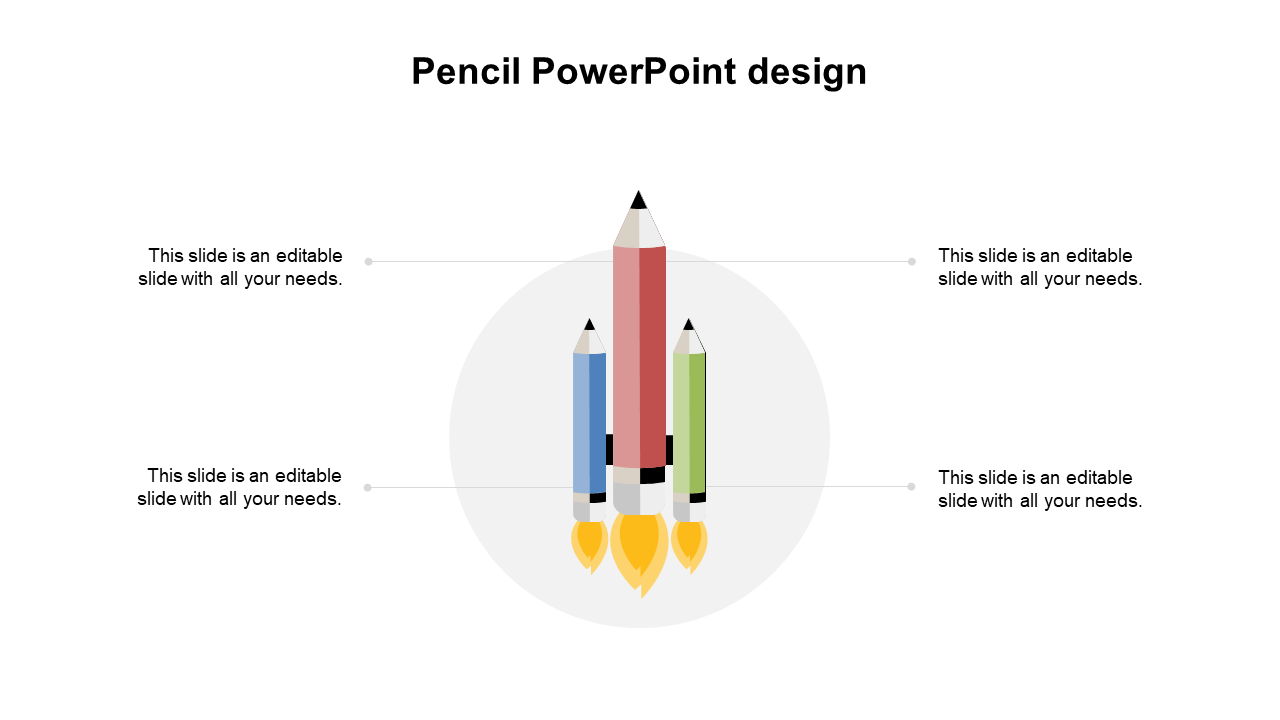 Creative slide with three rocket-shaped pencils in red, blue, and green, each linked to text placeholders on both sides.