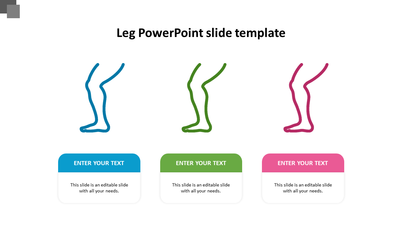 Three outline drawings of legs in blue, green, and pink, each above matching rectangular text boxes.