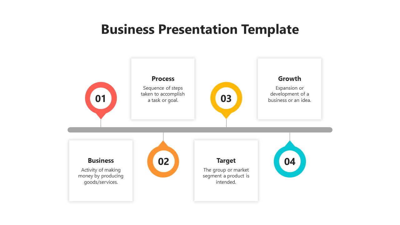 Business slide with four steps in red, orange, yellow, and blue, each containing a title and description in rectangular box.
