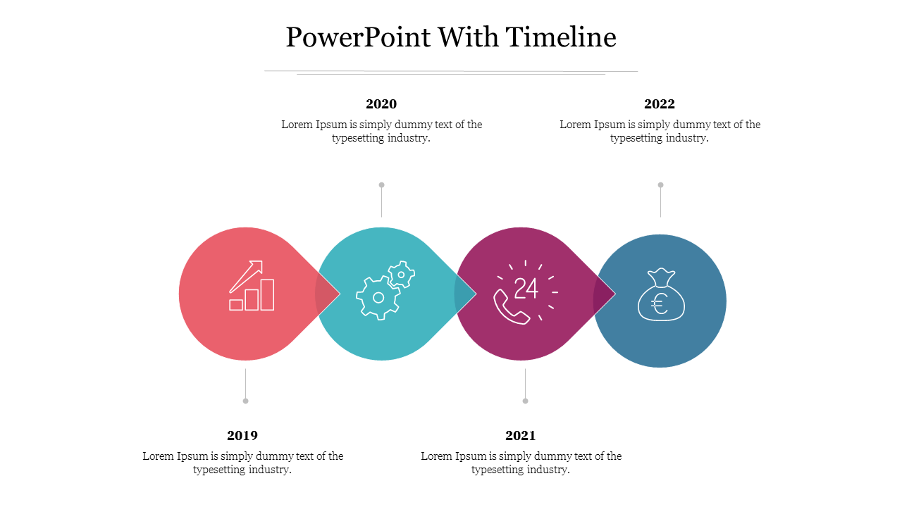 Timeline PPT template showing key milestones from 2019 to 2022 with relevant icons for each year with placeholder text.