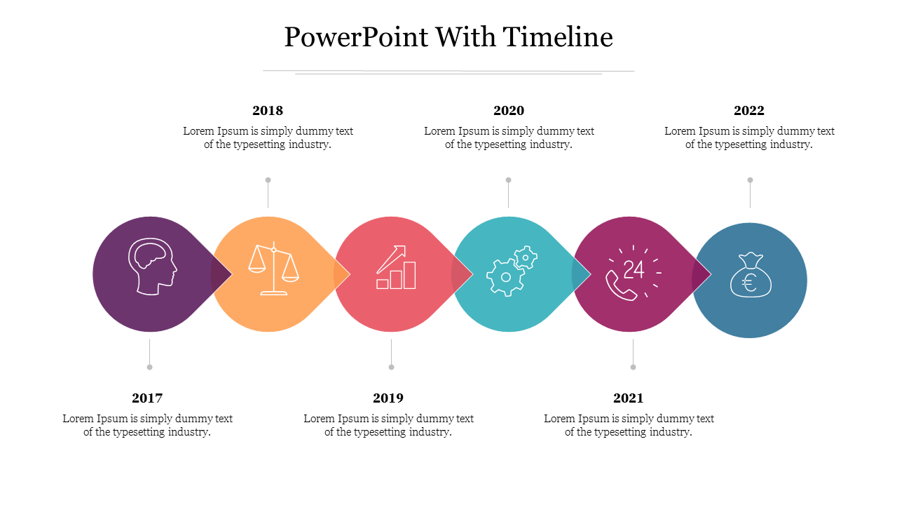 Timeline design with overlapping shapes in purple, orange, red, blue, pink and teal, each depicting icons and years.