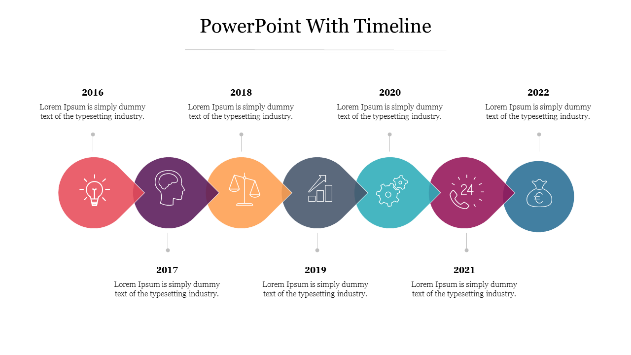 A timeline PPT slide showing the years from 2016 to 2022 with colorful icons representing different milestones.