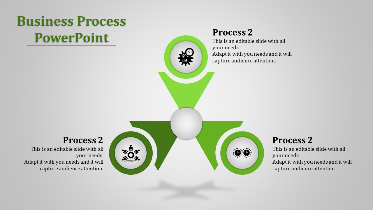 Triangular business process diagram with three steps, each represented by an icon for gears, team, and time.