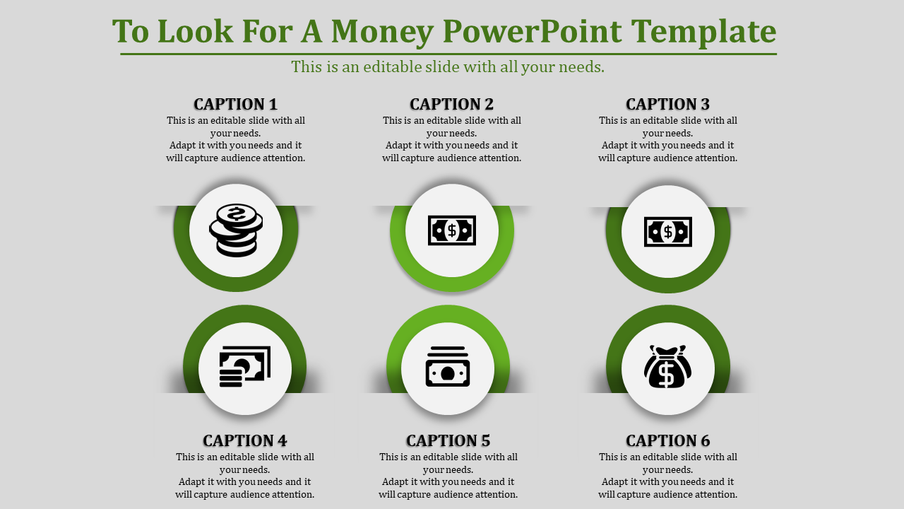 Six circular icons with money symbols in green borders, arranged in two rows with captions, on a light gray background.