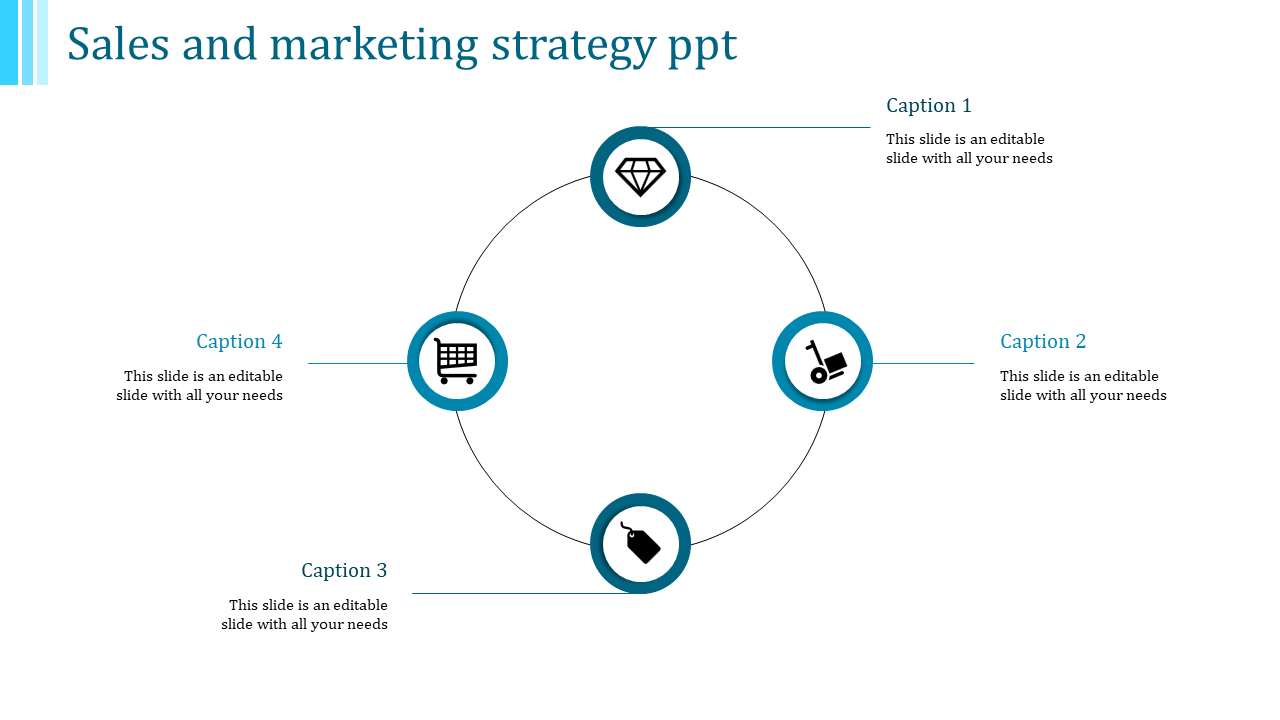Blue themed infographic featuring four circular icons in a looped layout, representing elements of sales and marketing.