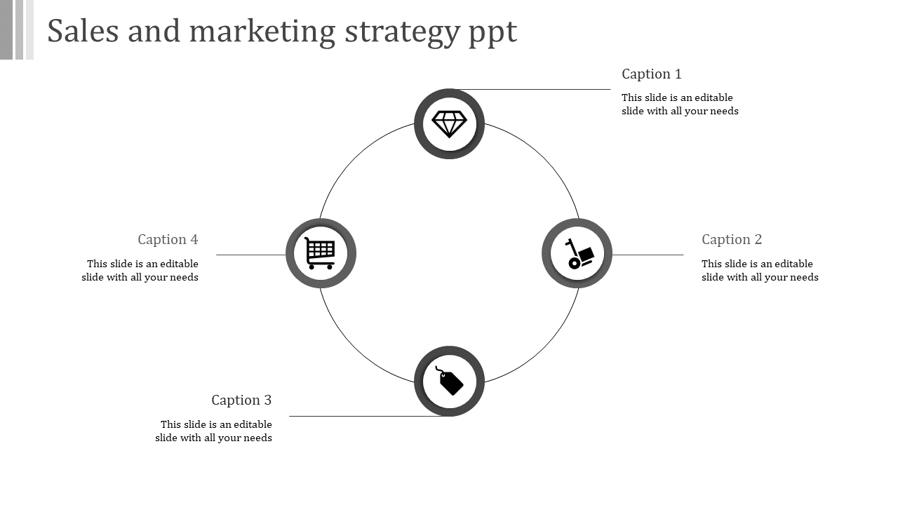Gray circular infographic with four icons in a circular flow connected to captions for sales and marketing strategy.
