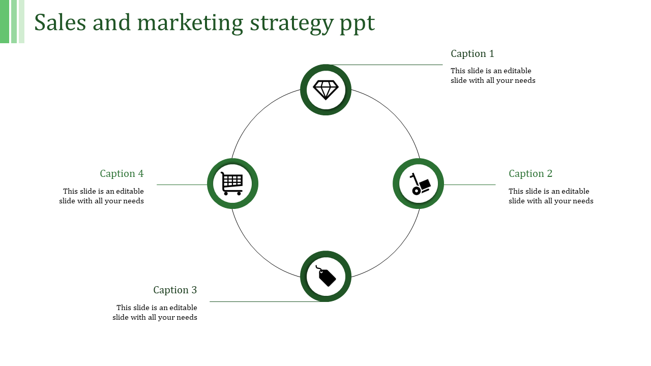Slide with four green icons in a circular pattern connected by lines, showcasing sales and marketing symbols.
