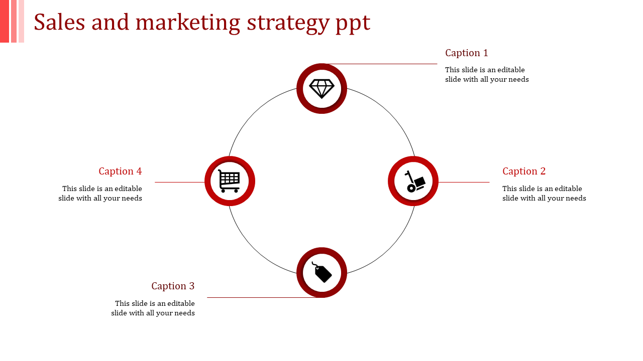 Sales and marketing strategy diagram with four icons diamond, cart, price tag, and trolley arranged in a circular flow.