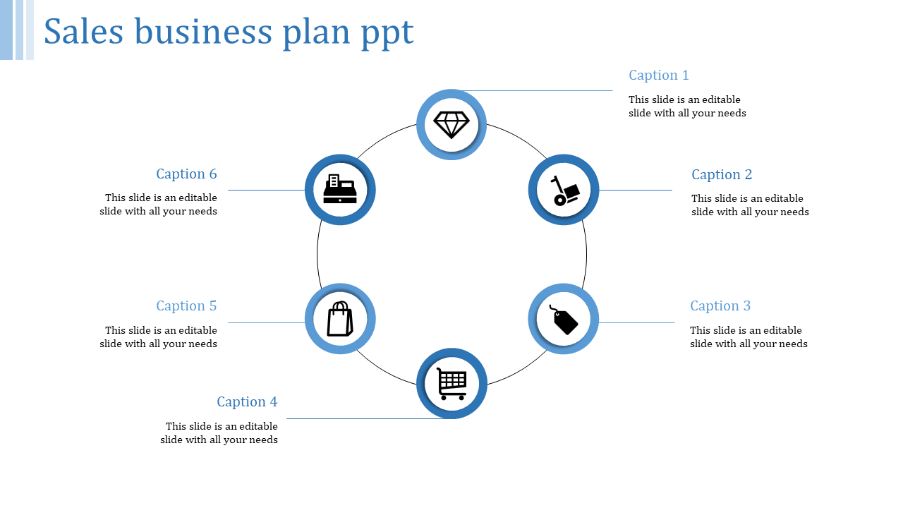 Blue themed circular layout with six circular icons for sales elements connected by thin lines and captions around it.