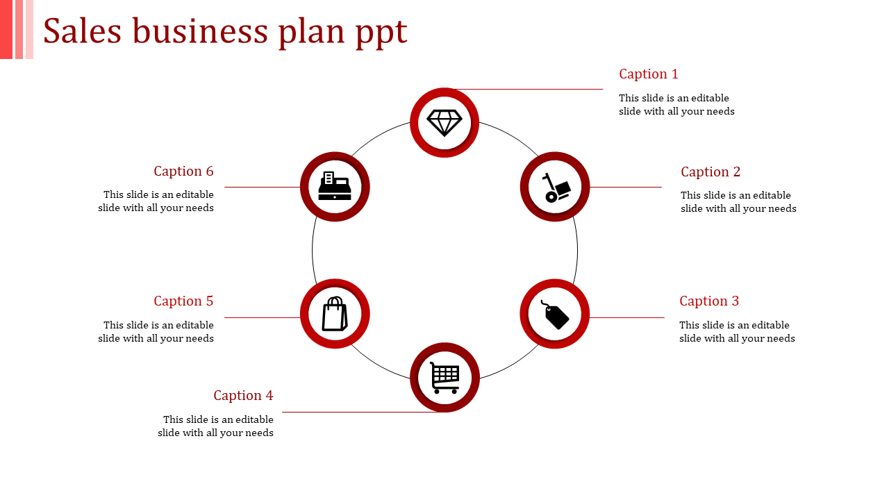 Sales business plan PPT slide with red caption sections and icons for business activities like shopping carts and price tags.