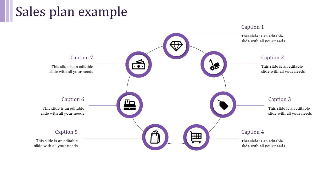 Purple-themed sales infographic with eight labeled icons in a circular arrangement, symbolizing different aspects.