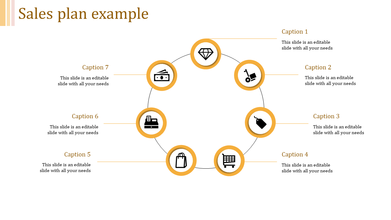Sales plan example slide with circular icons and captions with placeholder text.