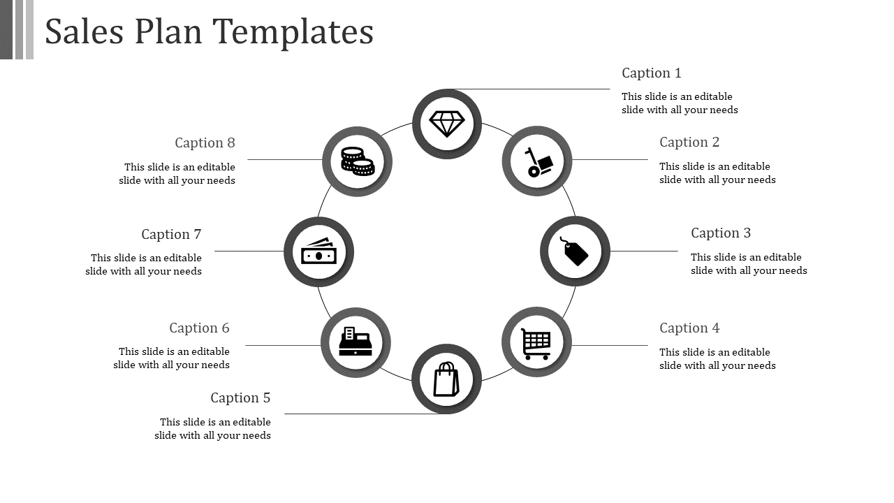 Eight gray circular icons linked in a ring, showing sales visuals with captions placed evenly around the circle.