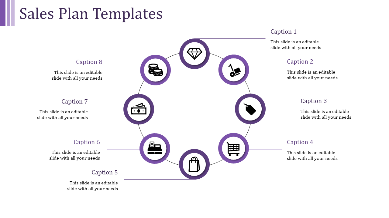 Sales plan PowerPoint template with eight sections and corresponding purple icons for business elements.