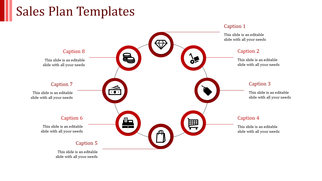 Sales plan template featuring eight icons around a diamond, each representing a key business step with captions.