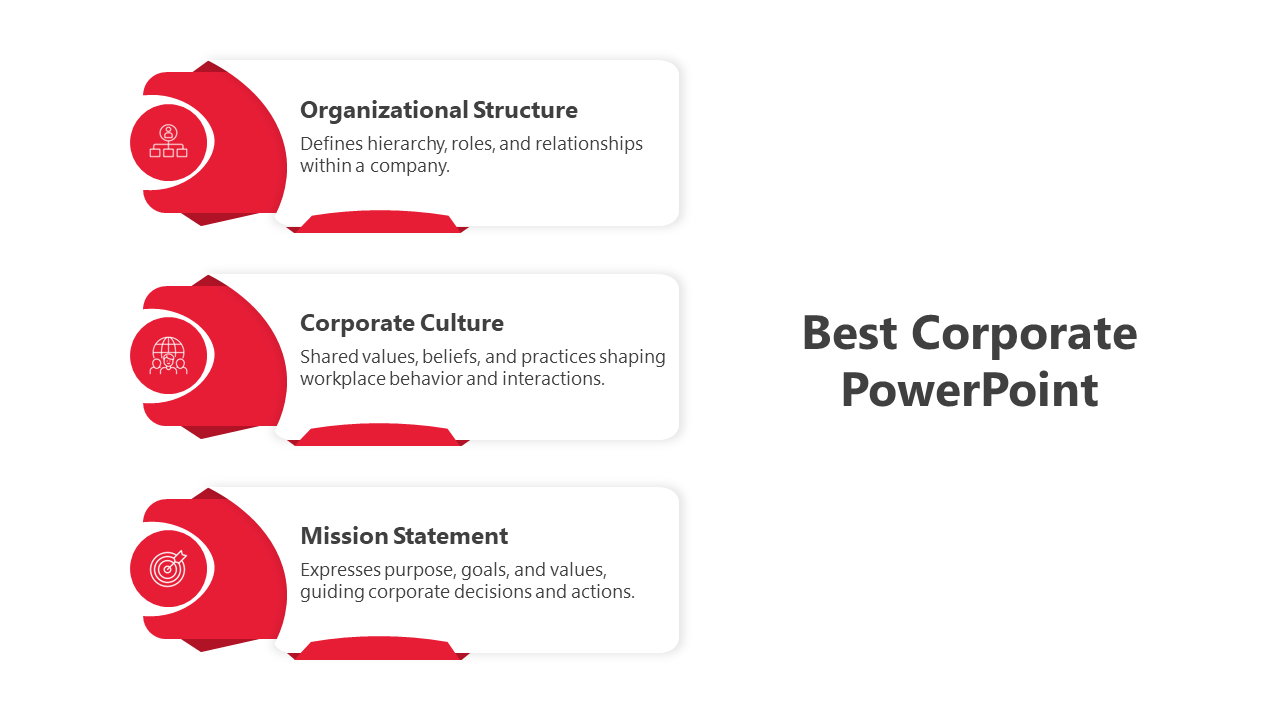 Corporate infographic with three red labeled sections and business related icons each with caption areas.