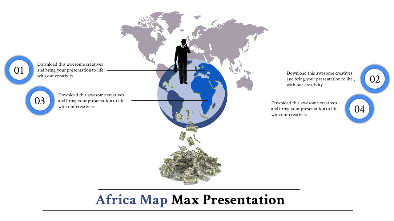 Africa highlighted blue globe, paired with four numbered markers, a silhouette figure on top and money falling below.