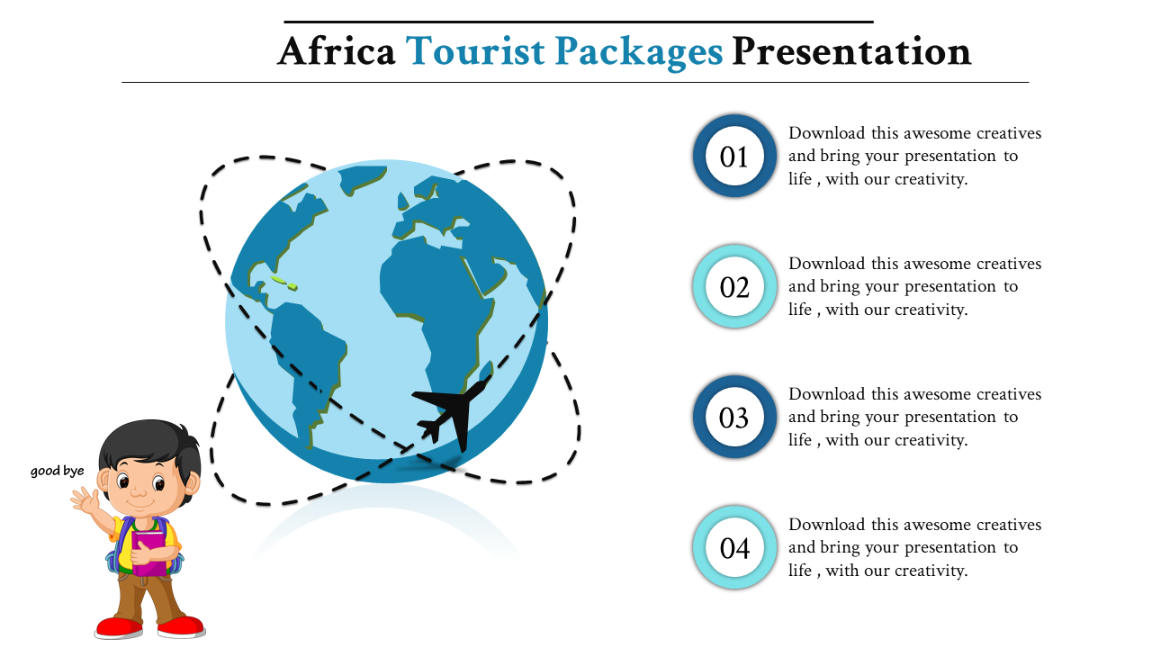 Blue globe with a flight path and an illustrated traveler, alongside four numbered text sections in circular icons.
