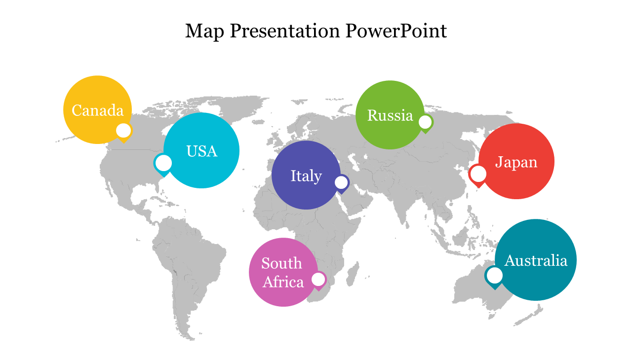 Map PowerPoint slide with colored circles showing countries Canada, USA, Russia, Italy, Japan, South Africa, and Australia.