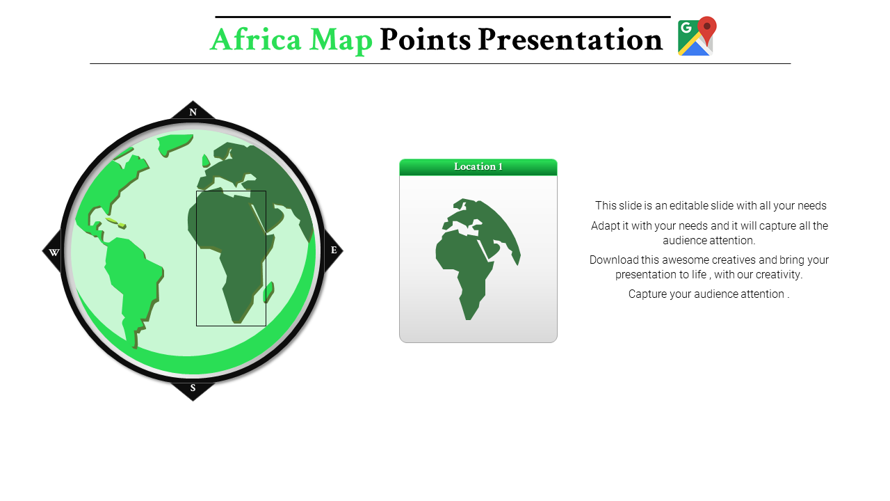 Green map of Africa within a circular compass graphic on the left and a text box with location details on the right.