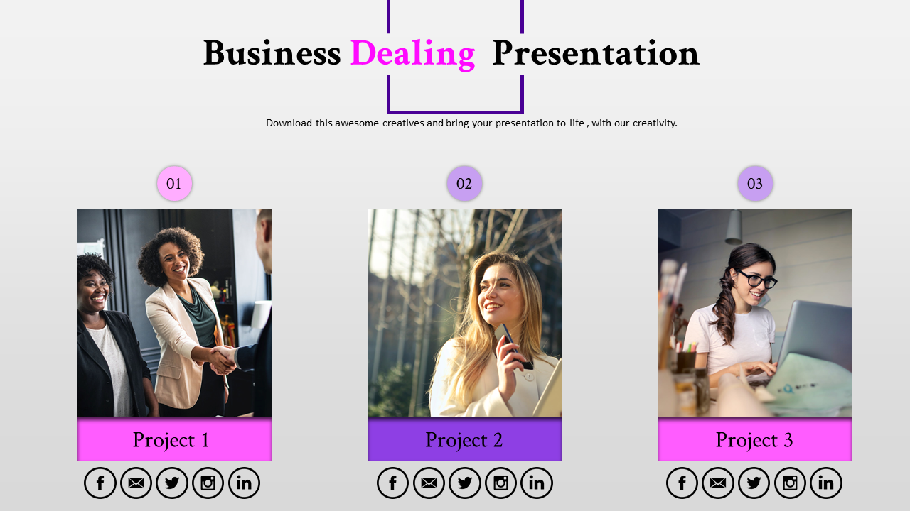 Three rectangular images of business woman in a row with pink labels, and circular social media icons underneath.