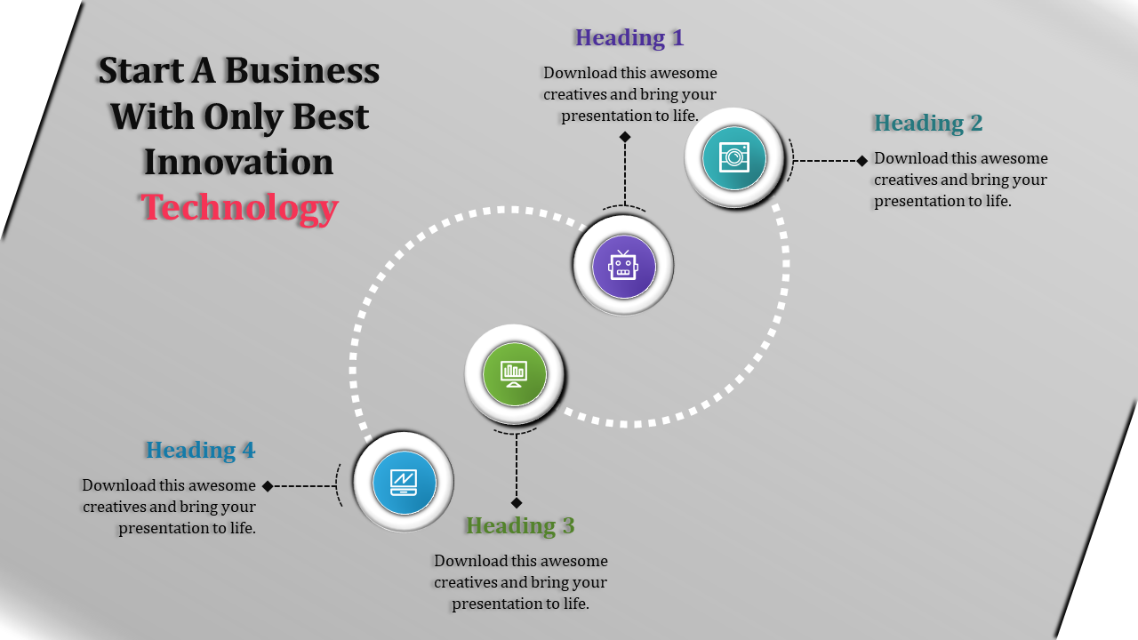 Business technology infographic with a dotted curved line connecting four icons in colorful circles, highlighting headings.