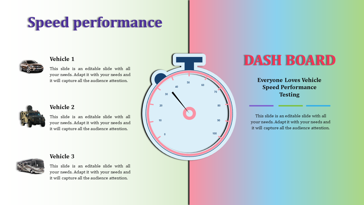 Speed performance slide with a stopwatch illustration at the center, and three icons with text on a gradient backdrop.