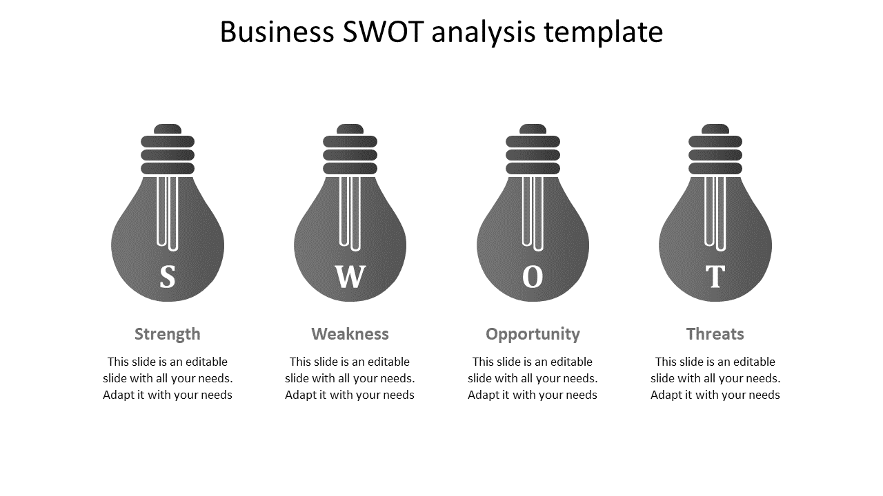 Slide featuring four gray lightbulb icons, each with a letter S, W, O, T and corresponding captions below.