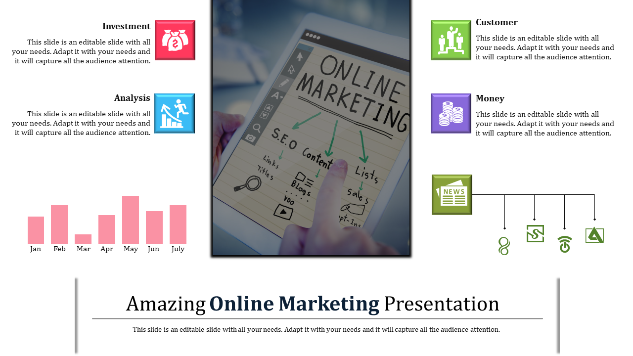 Online marketing slide featuring a laptop displaying website analytics with a bold diagonal banner.