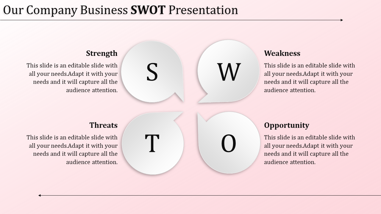 Slide with four metallic speech bubbles labeled SWOT, aligned with corresponding headings for analysis.