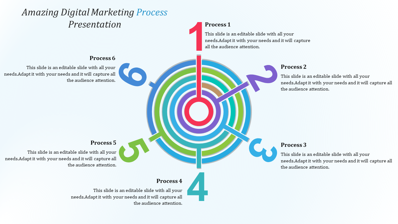 Digital marketing process diagram slide with six colorful processes arranged in a circular layout numbered 1 through 6.