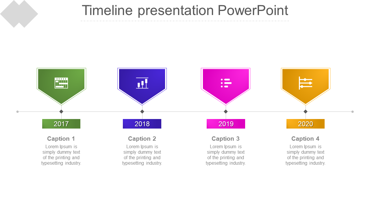 A timeline PowerPoint slide showing years from 2017 to 2020 with icons and captions for each year.