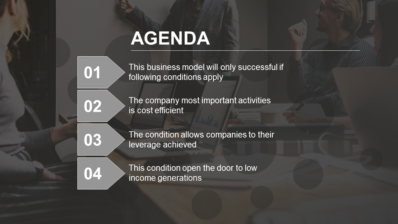 Agenda slide with a gray theme featuring numbers 01 to 04 and key business conditions outlined next to arrow shaped labels.